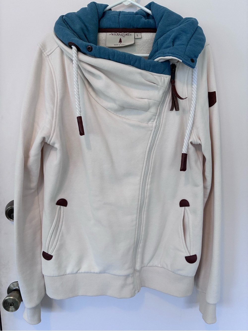 Wanakome Women's Asymmetrical Zip Hoodie Jacket in Cream with Blue Cowl Neck